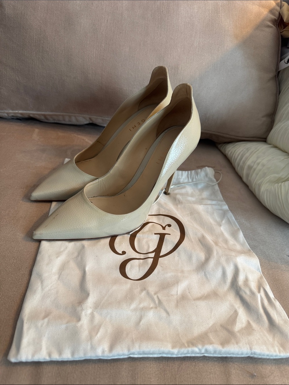 M. Gemi Cream Pointed-Toe Leather Pumps